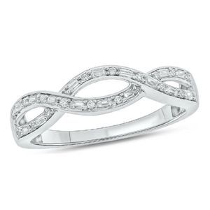 1/6 ct. t.w. Baguette Round White Diamond Criss Cross Ring in 14K White Gold
